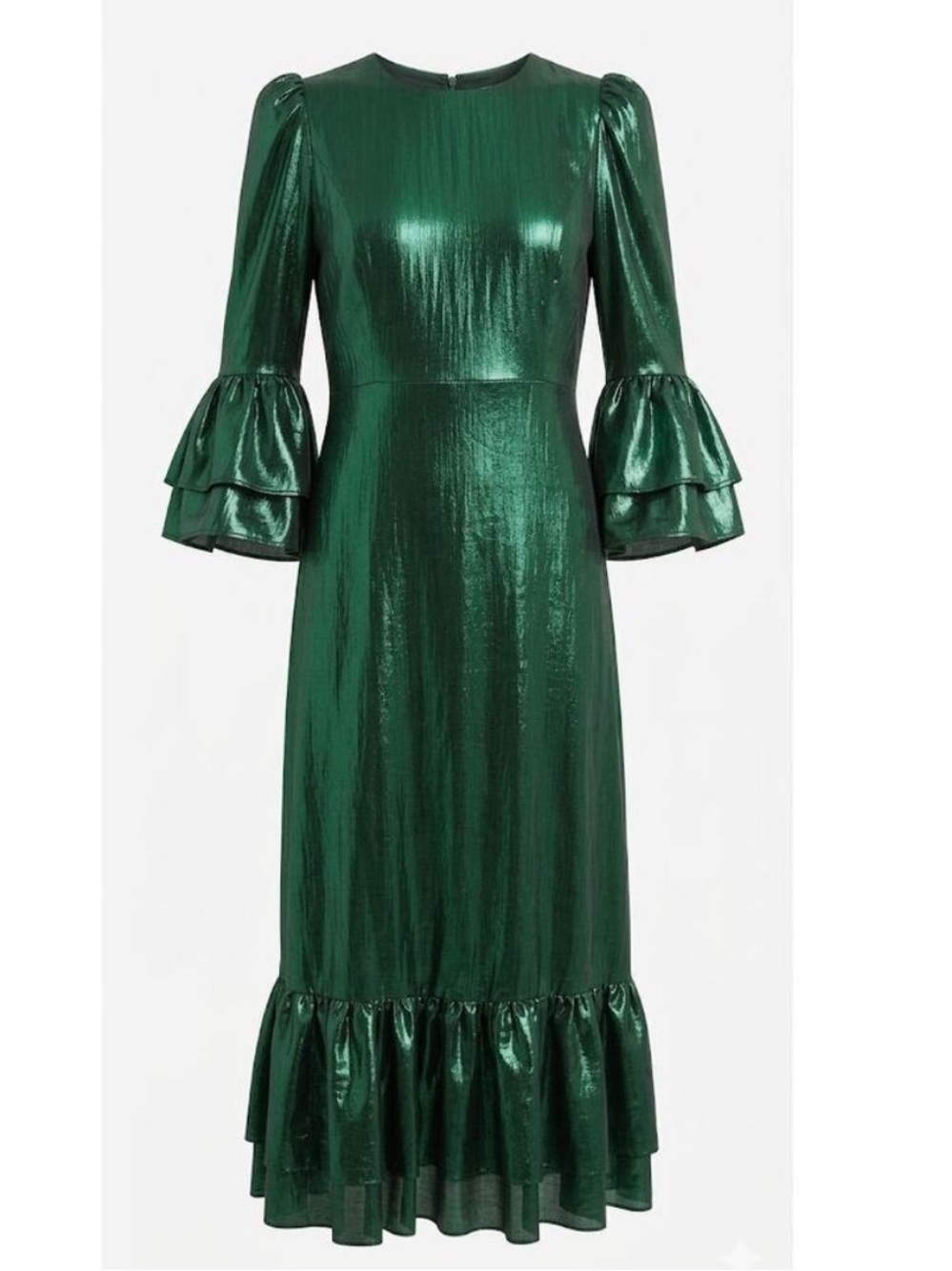 Pomander Place Shiny Metallic Emerald Green 3/4 SLV Midi Party Dress Ruffle Hem